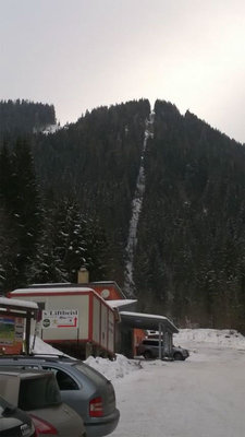 Die Lifttrasse. Oben wird ein "Tal" umspannt weshalb eine Seilbrücke errichtet wurde.