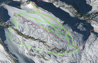 rot: neue Bahn<br />hellblau: ehemalige Sommerskilifte<br />grün: mögliche Pisten, ähnlich wie früher vorhanden<br />hellorange: heutige verbliebene Piste