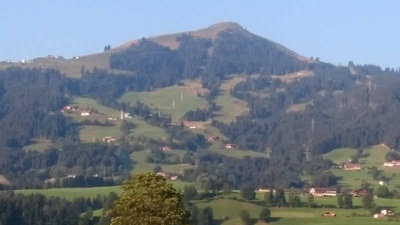 Von unten schlecht zu erkennen aber Trasse schon leicht ausgeholzt und die ersten Stützen der Materialseilbahn stehen schon (Mittoch)
