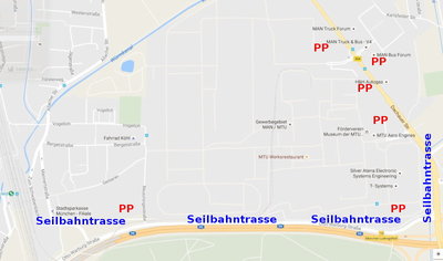 Werksgelände MAN / MTU. PP ... Parkplätze<br />ggf. noch Seilbahn unterzubringen nur entlang A99