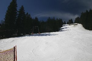 Schwarze Piste rechts neben dem Schlepper, dank Beschneiung als einzige offen.