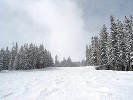 Nachts gewalzt, dann Neuschnee drauf. Natürlich viel leichter zu fahren als die anderen, mördermäßig verbuckelten Abfahrten