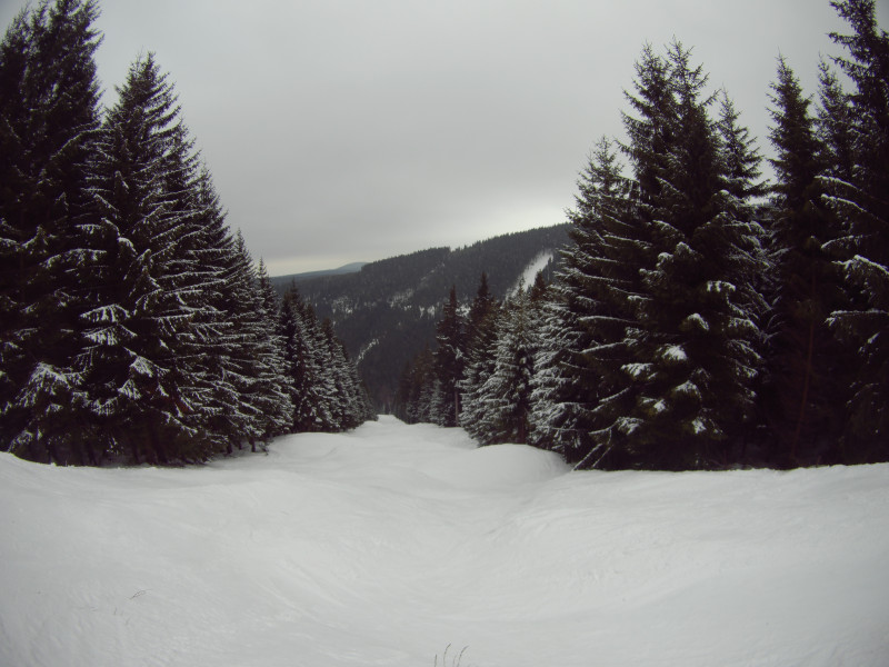 unterer Teil der alten Jachymovska, mächtige Anlieger der MTB-Strecke werden zum sportlichen Banked Slalom im Winter