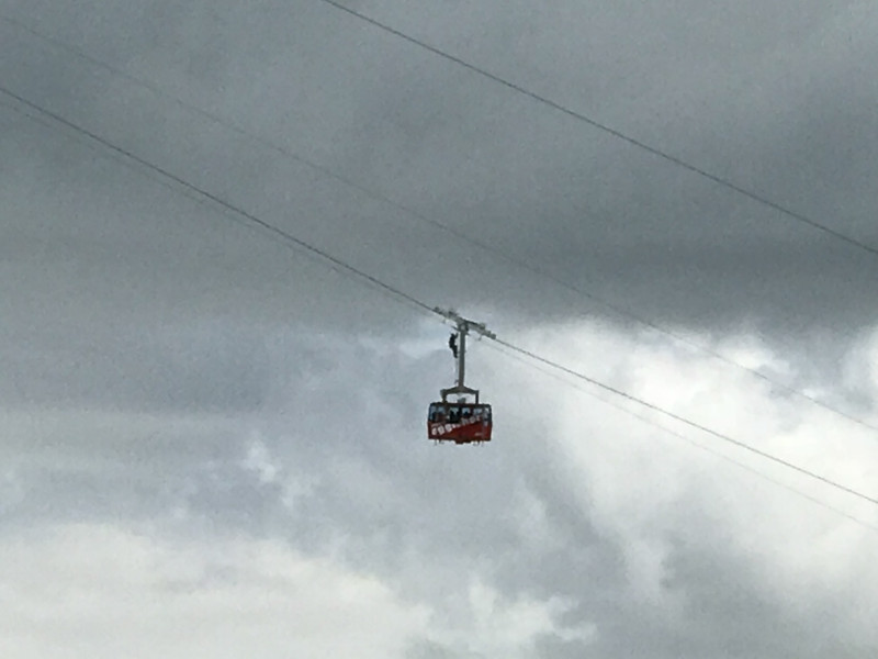 Eine der letzten Fahrten des Tages. Obwohl nur 2 Fahrten publiziert waren, fuhr die Bahn bis ca 14:15 regelmässig mit Begleiter beim Gehänge. Jetzt weiss ich was bei der Kapazität x+1 bedeutet