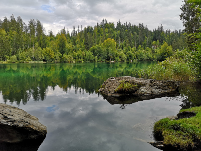 Crestasee, schön im Wald gelegen und besonders in der Hochsaison etwas ruhiger als der Caumasee. An diesem idyllischen Ort haben wir dann auch eine Pause eingelegt und die ruhige Stimmung des Sees genossen.