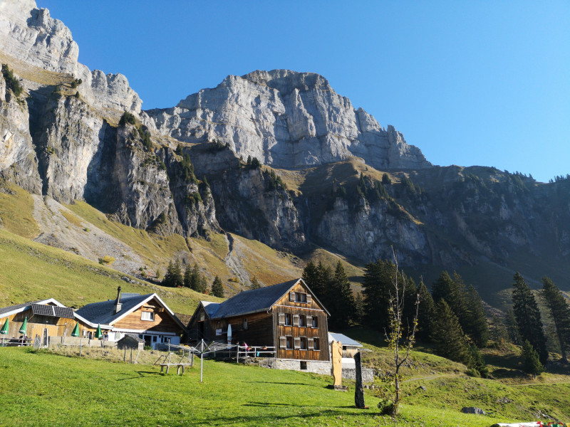 Die Alp Tschingla, darüber der Hinterrugg, der höchste Punkt der Wanderung. Bis dort fehlten nochmals etwa 780 Höhenmeter.