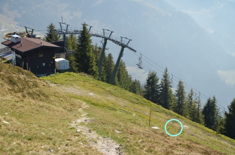 Markierung "EBB" von oben (+ grüner Skistock)