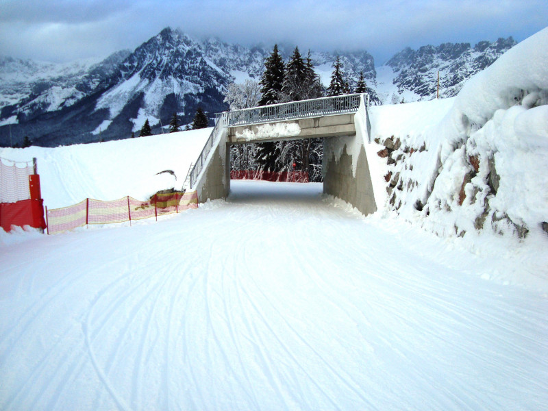 Skiweg zur Straßenunterführung eher flach.