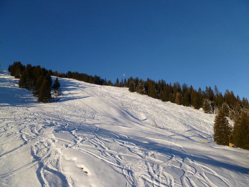 08:52 Uhr: Bereits der vierte Tag dieser Woche. Und einmal mehr strahlender Sonnenschein. Die Geschwindigkeit der Gondelbahn regulieren sie bei wenig Andrang nun konsequent auf 4m/s, bei etwas mehr Andrang auf 5m/s und bei viel Andrang auf 6m/s. In dieser Saison durfte ich endlich wieder einmal einige Fahrten mit 6m/s geniessen. Voll war es aber an der Gondelbahn nie. Es gab weder Wartezeiten, noch war gleichzeitig mit mehr als sieben Personen in der Gondel.