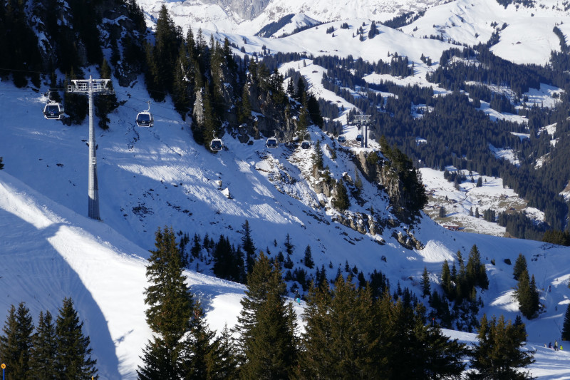 Trasse im oberen Bereich: Langes, hohes Spannfeld bei der neuen Bahn. Die alte Bahn verlief rechts unten, nicht auf der Felsstufe