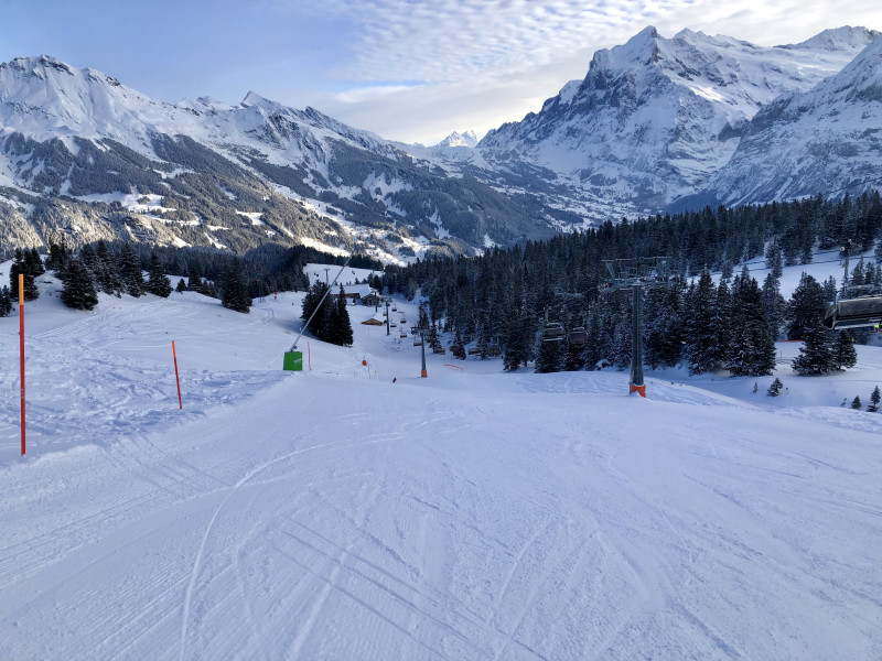 Die Abfahrt zum Männlichensessel gibt einen Vorgeschmack auf den Tag. Schön gelegte Pisten mit bestem Schnee.