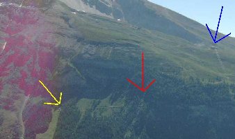 Gelber Pfeil: Feuillerette Bergstation
<br />Blauer Pfeil: Torrentbahn Bergstation
<br />Roter Pfeil: Tunnel in der Talabfahrt