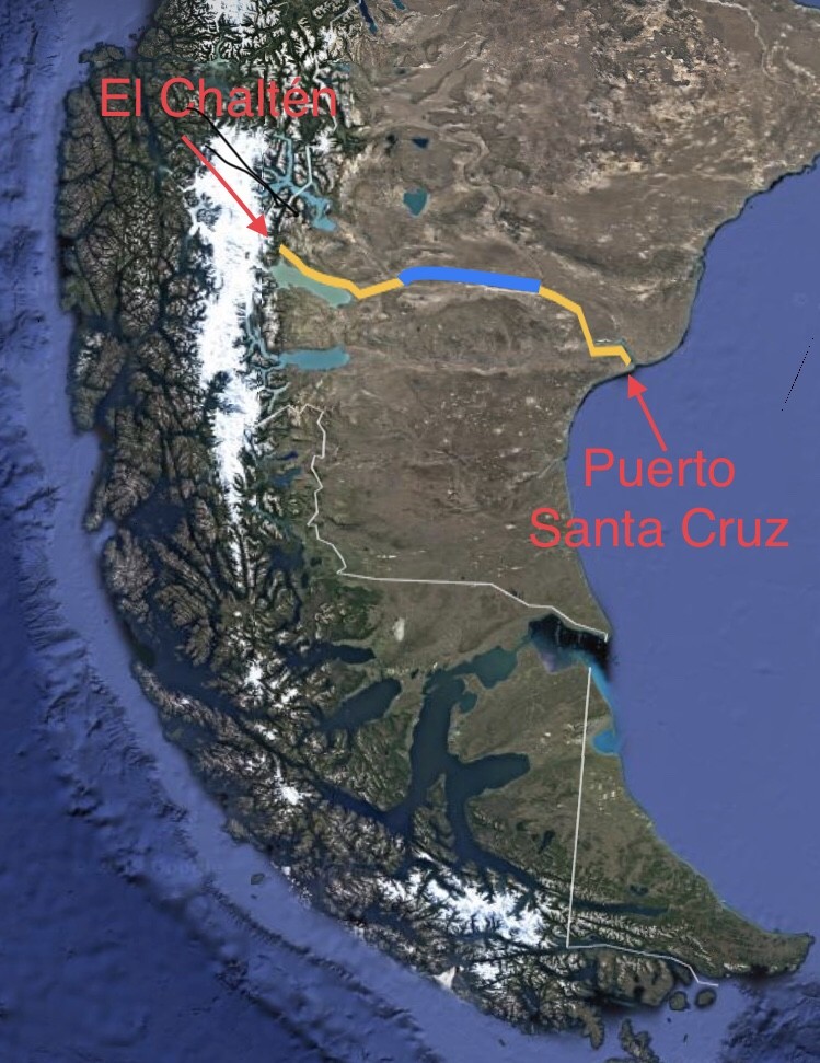 Quer durch den Kontinent. Der blaue Abschnitt ist die 135km lange Schotterpiste