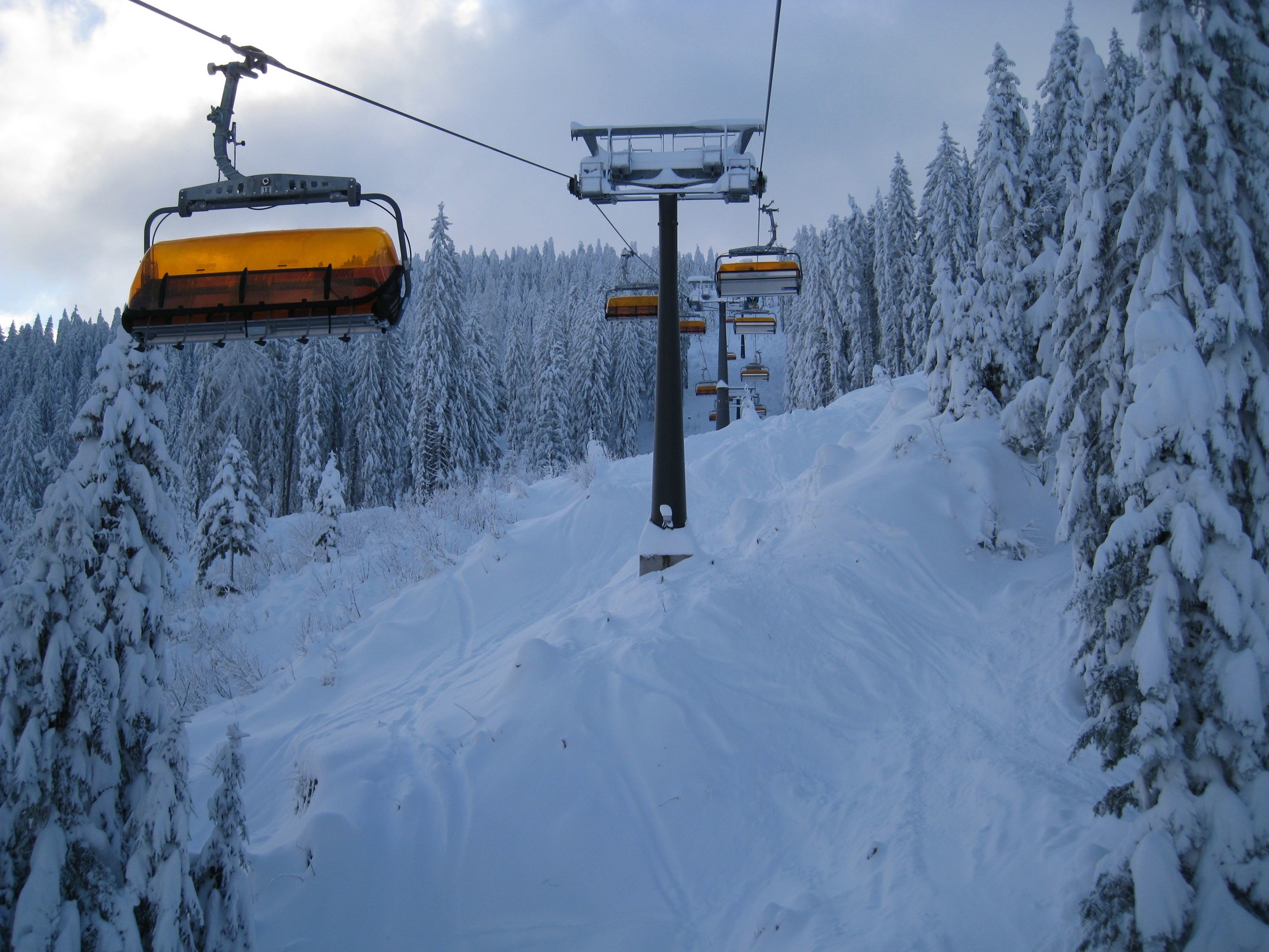 09.32 Uhr: In der Hochmaisbahn mit tief verschneitem Wald :)