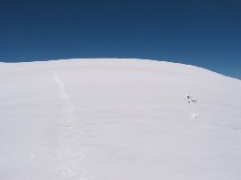 Le point culminant, 3510 m, früher deutlich höher (3532 m). Man sieht klein eine italienische Seilschaft oben und die beachtlichen Spalten in diesem Bereich