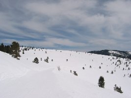 Oben recht flache Bowl, also ideales Skigelände