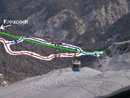 Hier mit meinen eingezeichneten Liften und Pisten.
<br />Es würden sich schöne Waldabfahrten ergeben die auch nicht gerade kurz wären. Auf Kreuzjoch könnte man ein 4KSB bauen. Rechts wäre es noch möglich mit einem kurzen Verbindungsschlepper zum Bernadein zu k