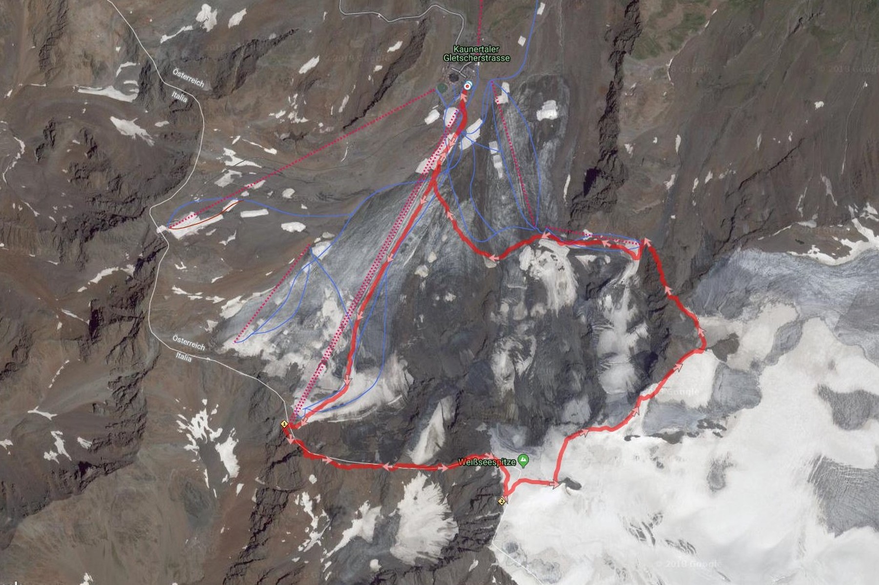 Karte mit Weg: Weißseespitze, Kaunertal