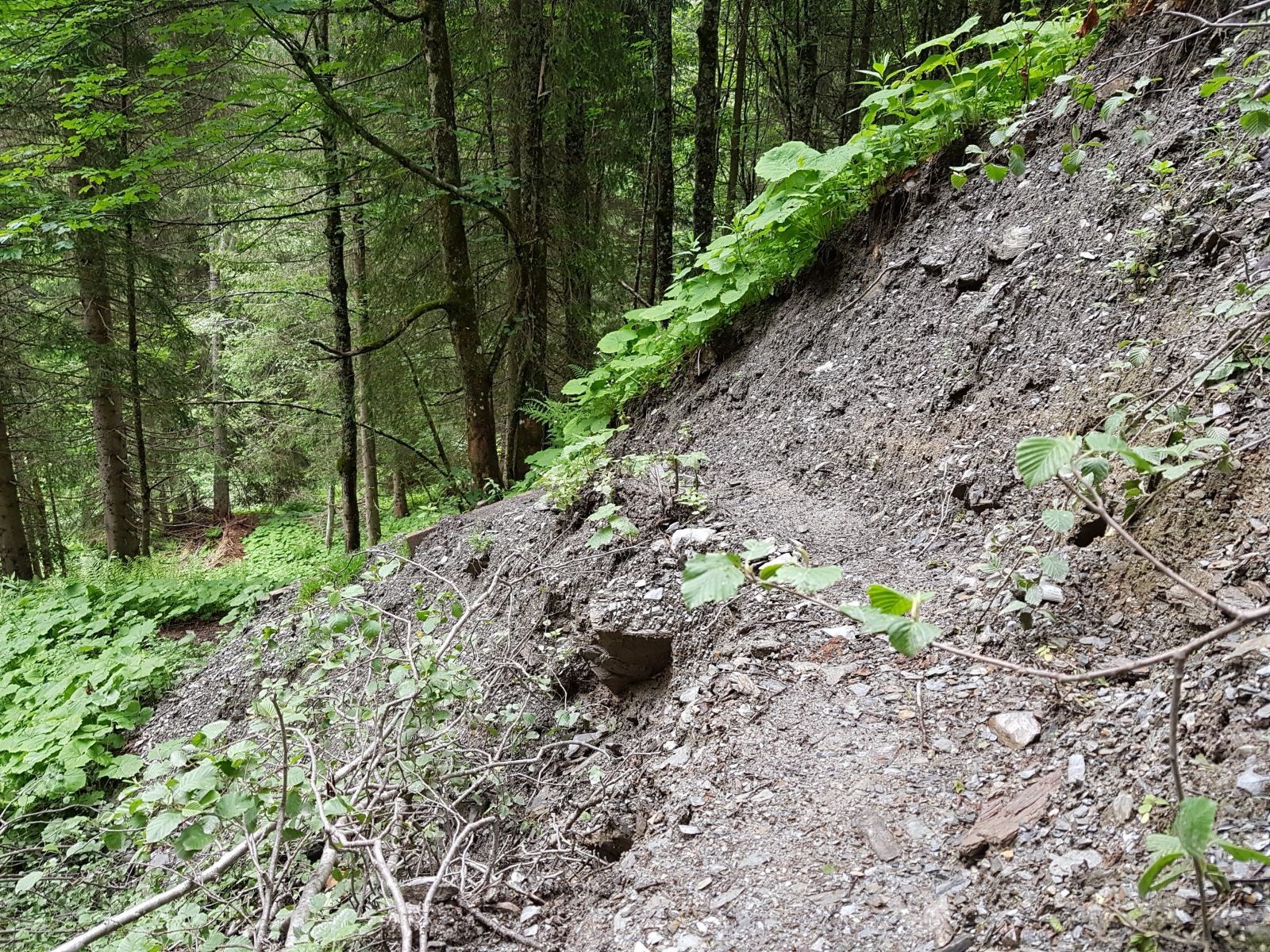 Hier hat das Wasser den Weg fast gänzlich mitgerissen! Dringend auszubessern!