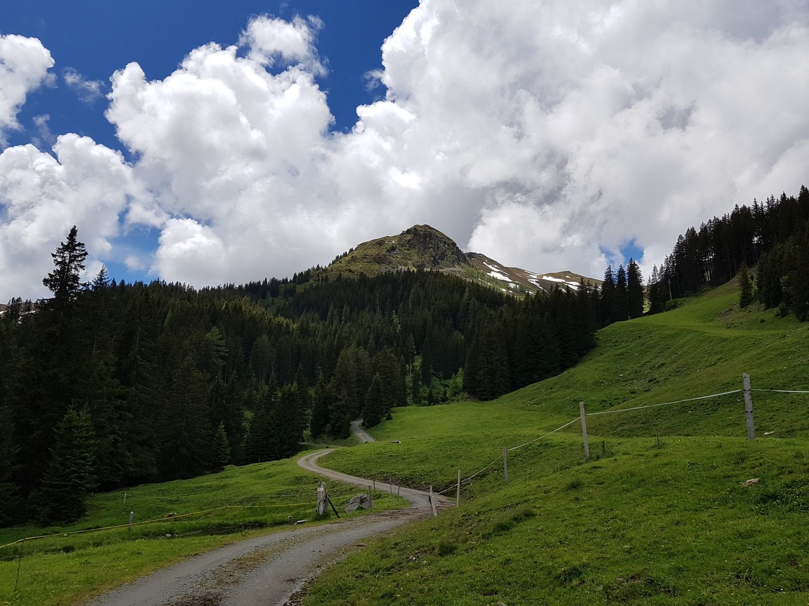 Kurz vor der Ellmaualm, Rückblick zum Gipfel, von dem wir abgestiegen sind. Rechts sieht man die blaue Piste rumkommen, in der Mitte die rote Abfahrt aus dem Seekar.