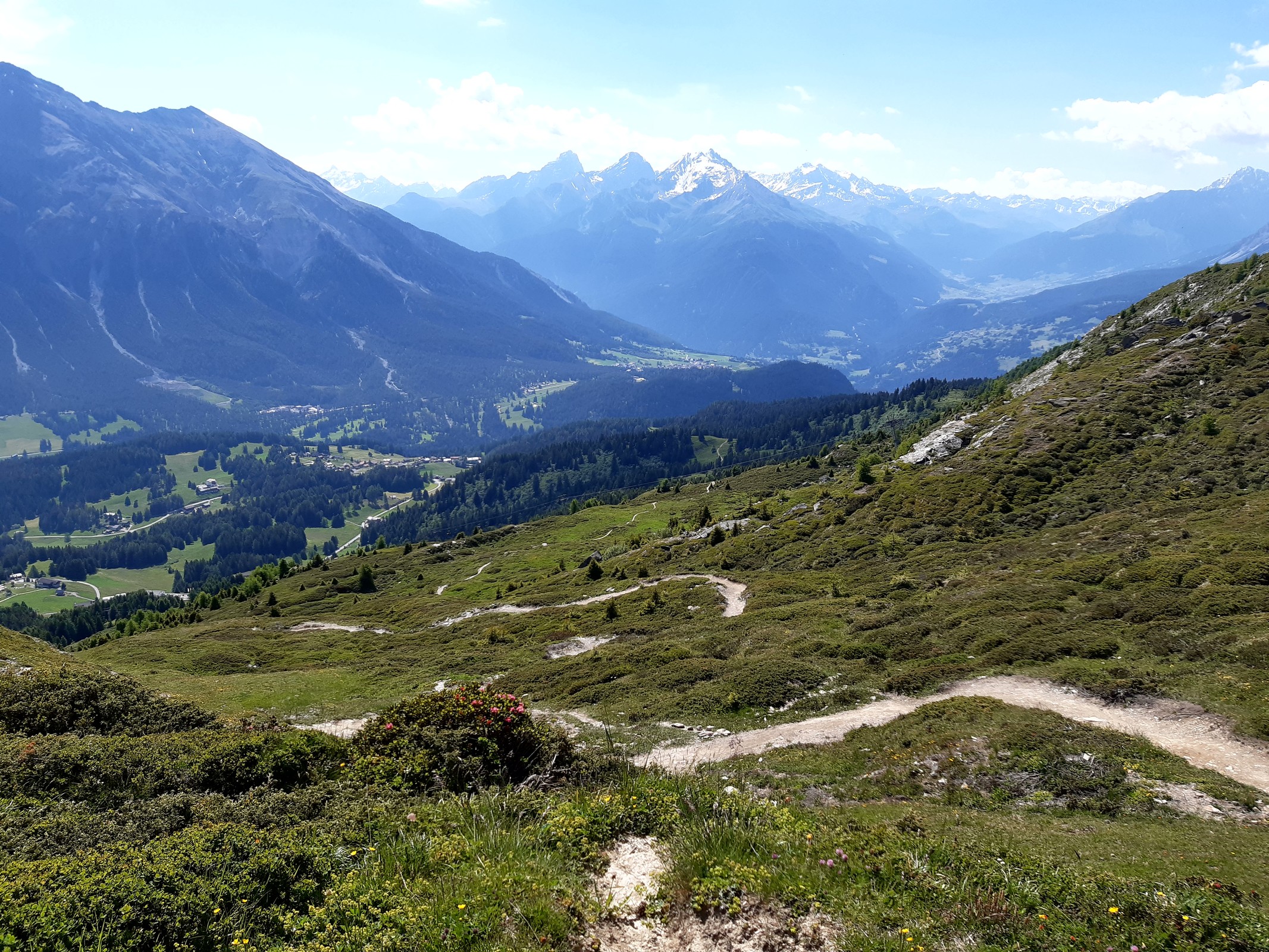 Traileinstieg bei der Hütte. Auf dem Bild ist der Verlauf des Weges gut ersichtlich. Am linken Bildrand in der unteren Bildhälfte ist die Mittelstation Tgantieni zu sehen.