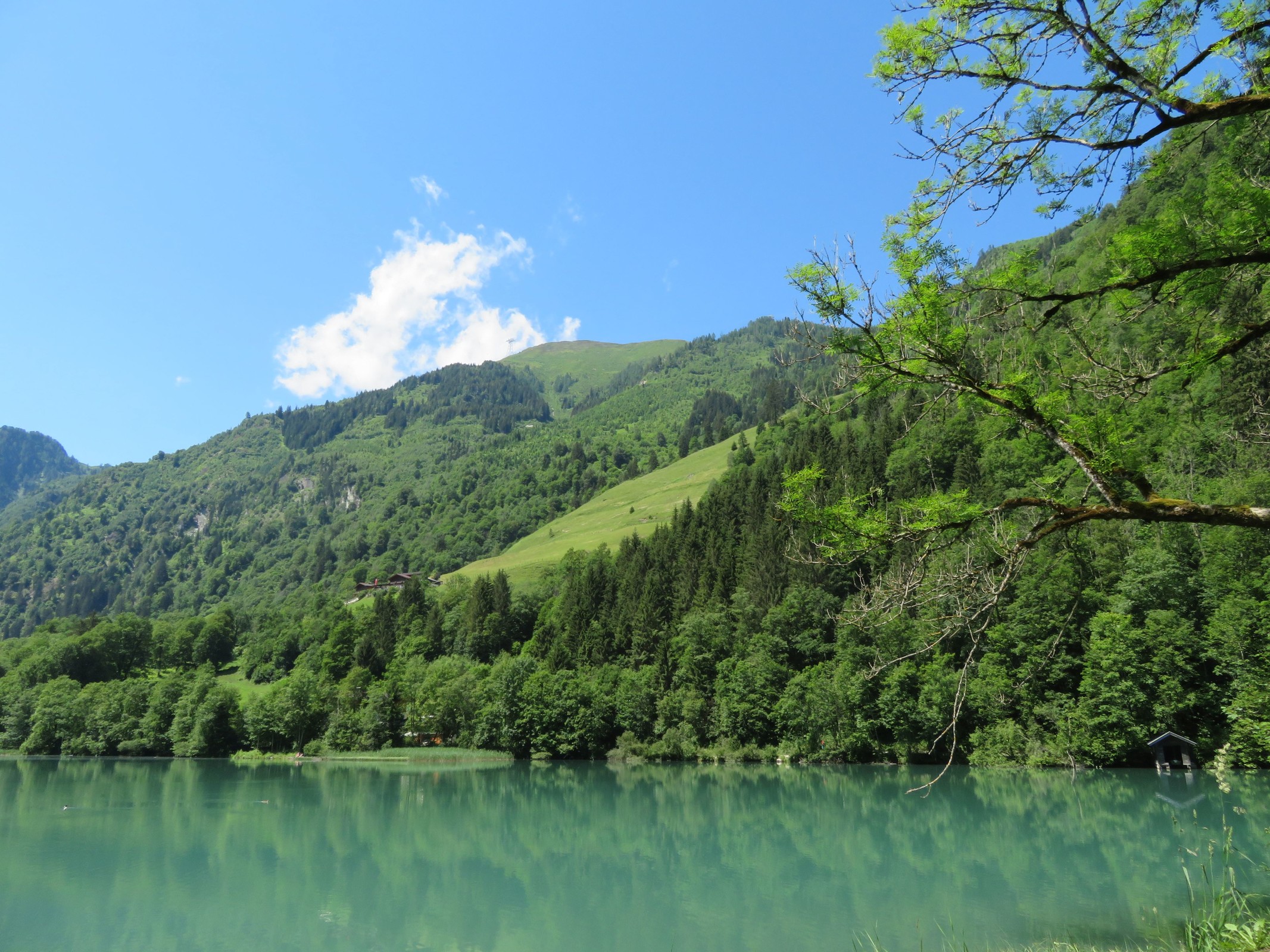 Blick über den Klammsee in Richtung einer Stütze der 3K K-onnection oben leicht links der Bildmitte.