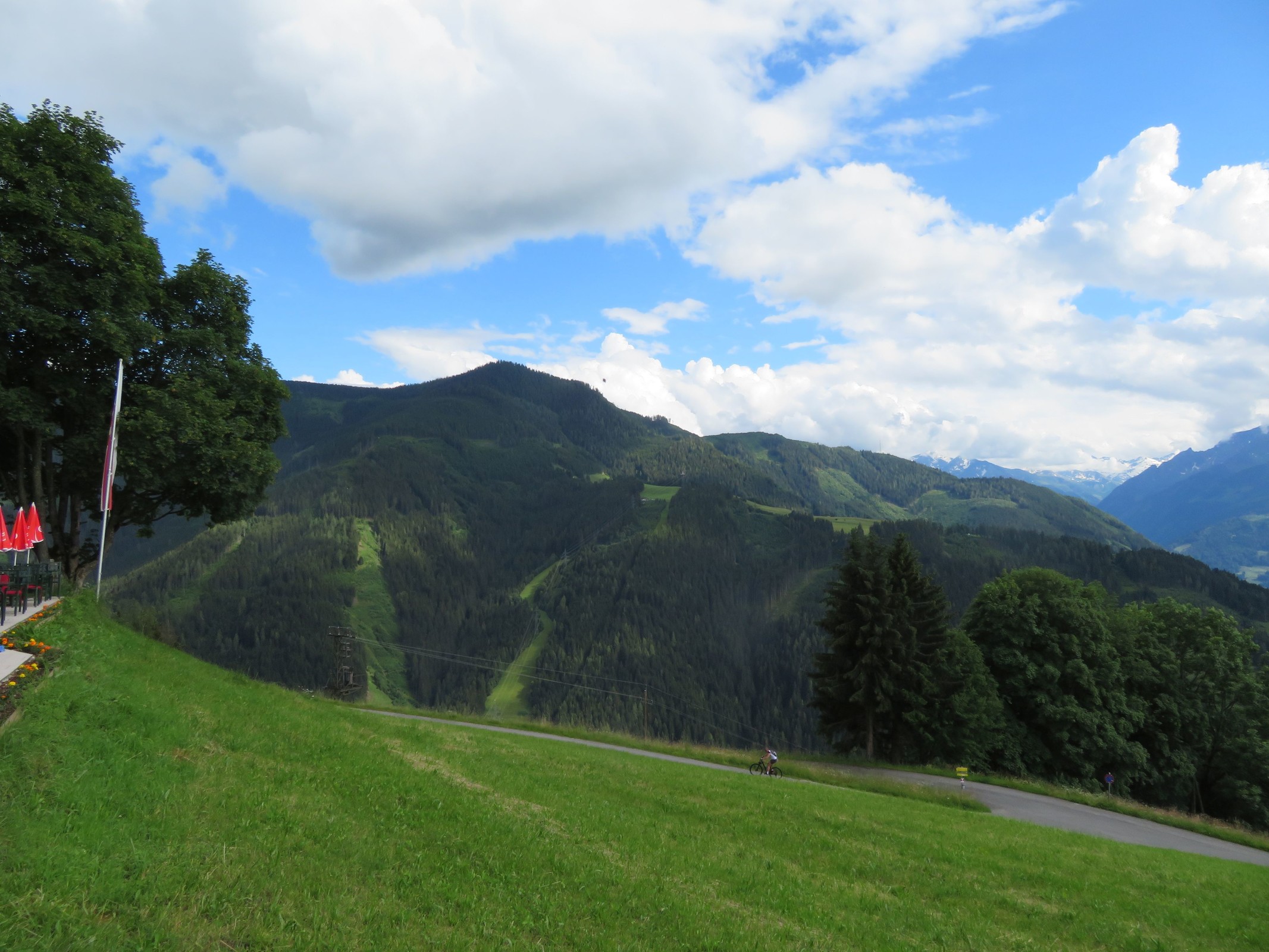 Blick zum ehemaligen Skigebiet Ronachkopf in Thumersbach. Hier ist die Talabfahrt und die ehemalige Trasse des 1er-Sessels zu sehen. Das Skigebiet wurde Ende der 1990er Jahre stillgelegt.