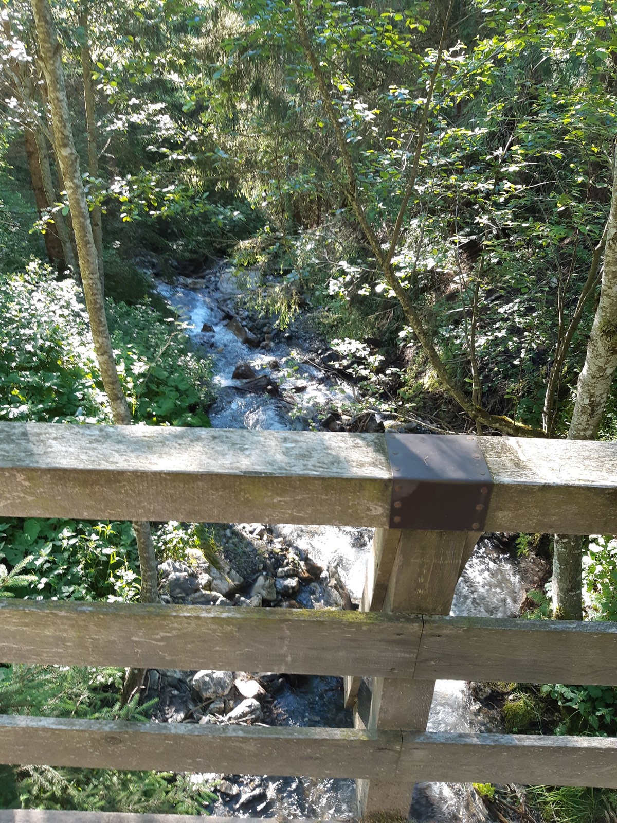 Blick auf den Bach talwärts, den man über eine kleine Holzbrücke nach der Bergstation des Dorfliftes kreuzt.