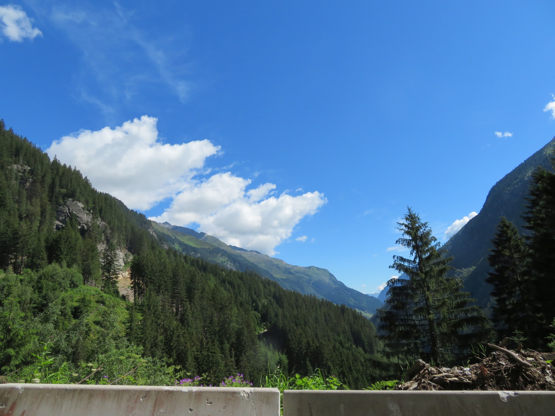 Hier sind wir bereits auf dem mautpflichtigen Teil der Schleigeis Alpenstraße, der auch hier einspurig ist. Dieser Blick geht talauswärts.