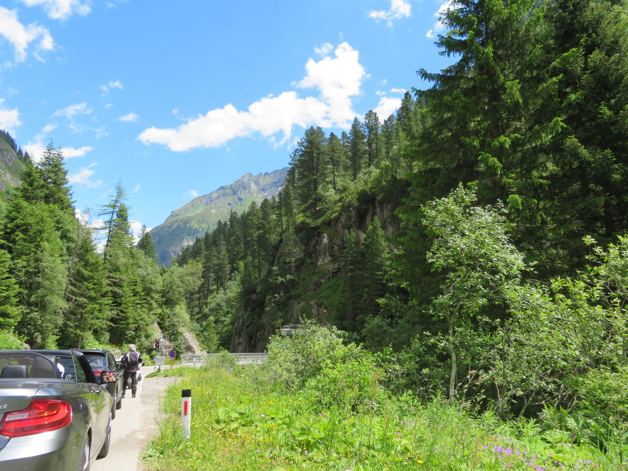 Hinter dem Gebüsch in der unteren Mitte des Bildes kann man das Tunnelportal sehen. Wir haben fast 10 min gesamt gewartet. Auf der Tafel ist hier noch eine Wartezeit von 7 min zu sehen.