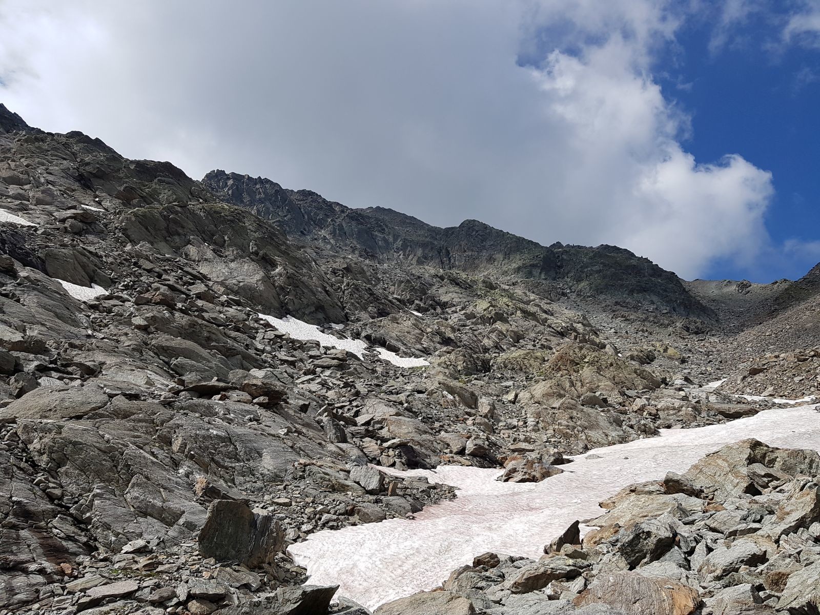 Unser Ziel vor Augen. Rechts sieht man das Furglerjoch. Hier gab es überall noch einige blutige Altschneefelder.
