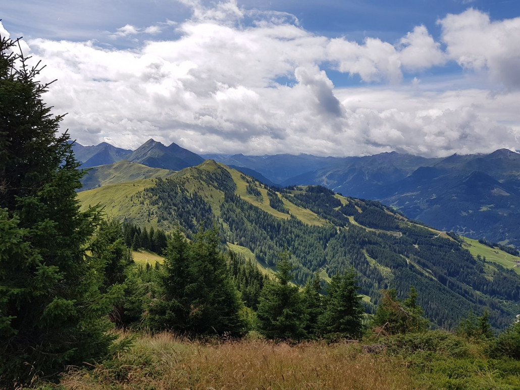 Das Bild strahlt so eine tolle Stimmung aus mit dem leuchtenden, warmen Grün. Sehen tut man auch wieder allerlei. Vorne: Kieserl, Kreuzkogel und Fulseck, hinten: Gamskarspitz sowie das Hofgasteiner Skigebiet u.v.m.