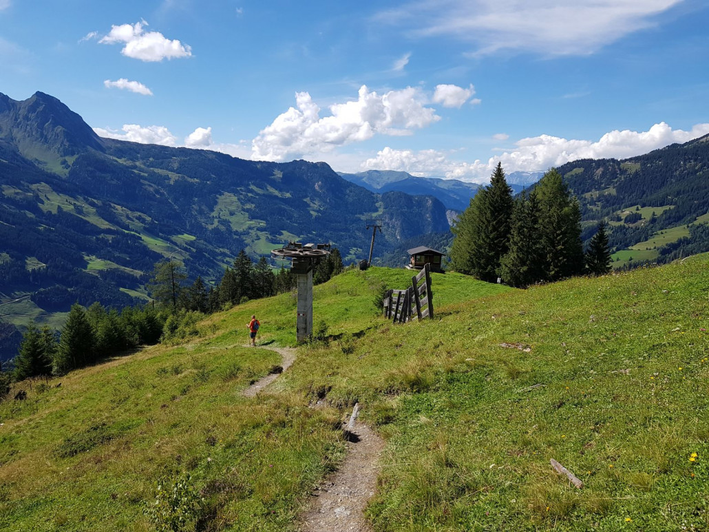 Nach der Einkehr laufen wir auf dem Forstweg zur Wengeralm (Die in der Karte eingezeichneten, alternativen Pfade gab es leider nicht). Nach der Alm hatten wir aber doch noch ein kleines, letztes und idyllisches Wegstück zurück zur Mittelstation der 6EUB. Wir liefen dabei am Brandlalmlift vorbei (Bild).