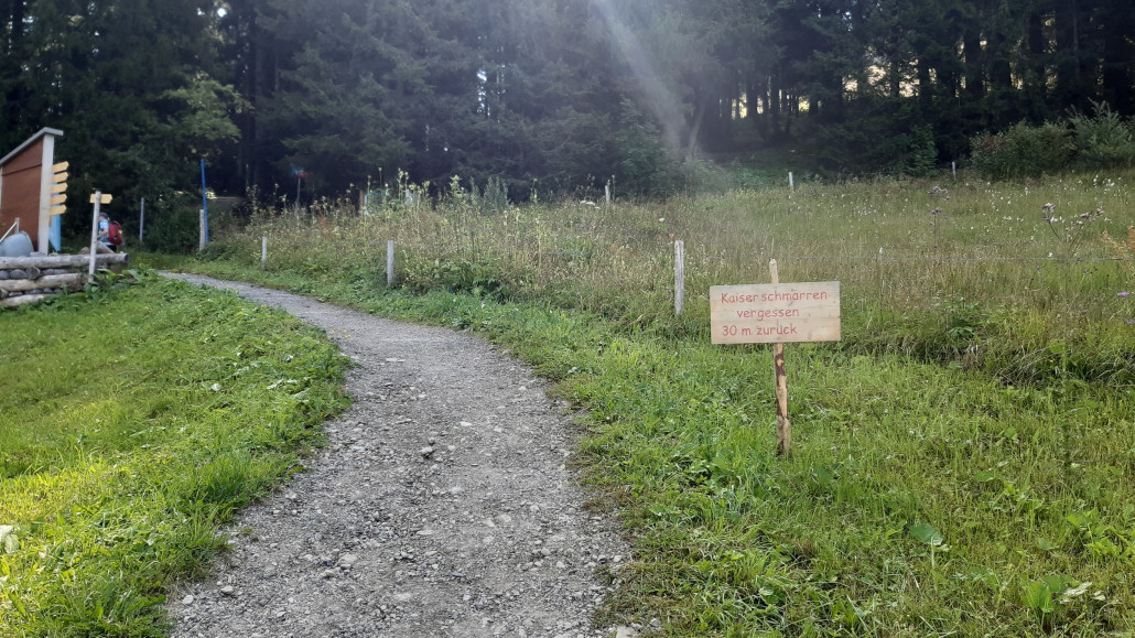 Jetzt geht es oberhalb vom Berghaus Schönblick in den Wald. Für Kaiserschmarrn war es leider noch etwas zu früh