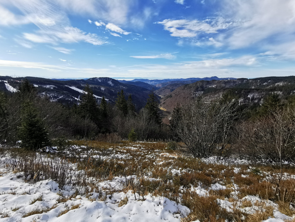 Blick übers Wiesental Richtung Schweizer Jura. In der Bildmitte der Chasseral