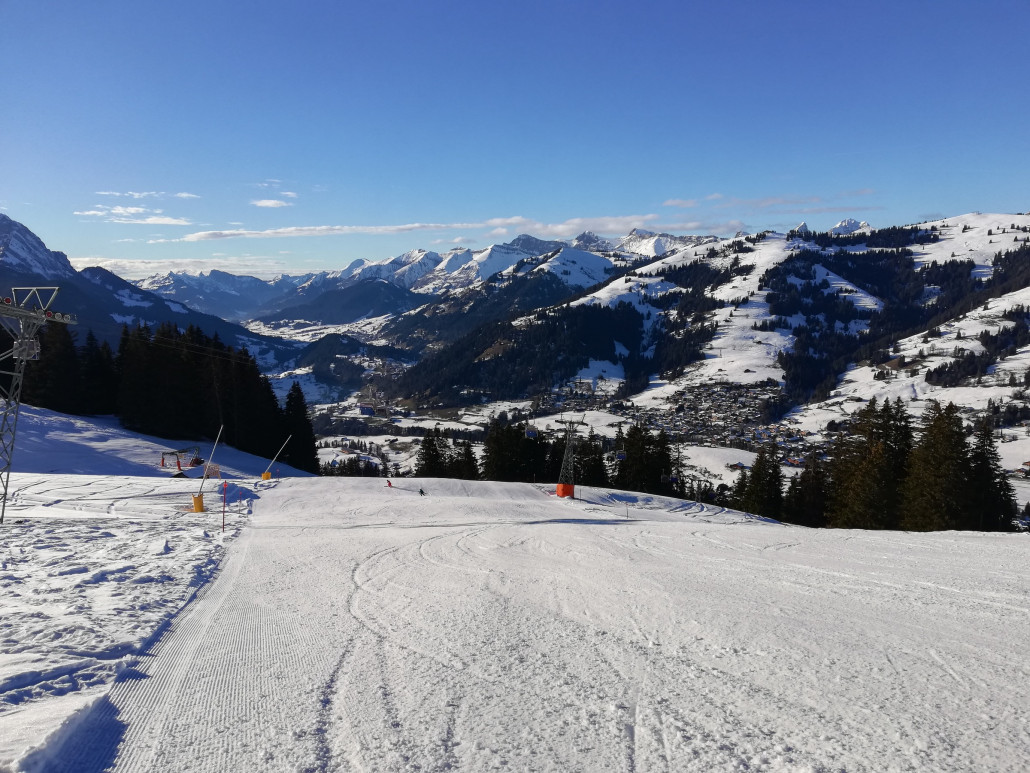 Blick Richtung Chablais. Die Sonnenhänge sind schon wieder sehr grün, die Piste im Vordergrund aber gut im Schuss. Die 37 aussenrum aber zum vergessen.