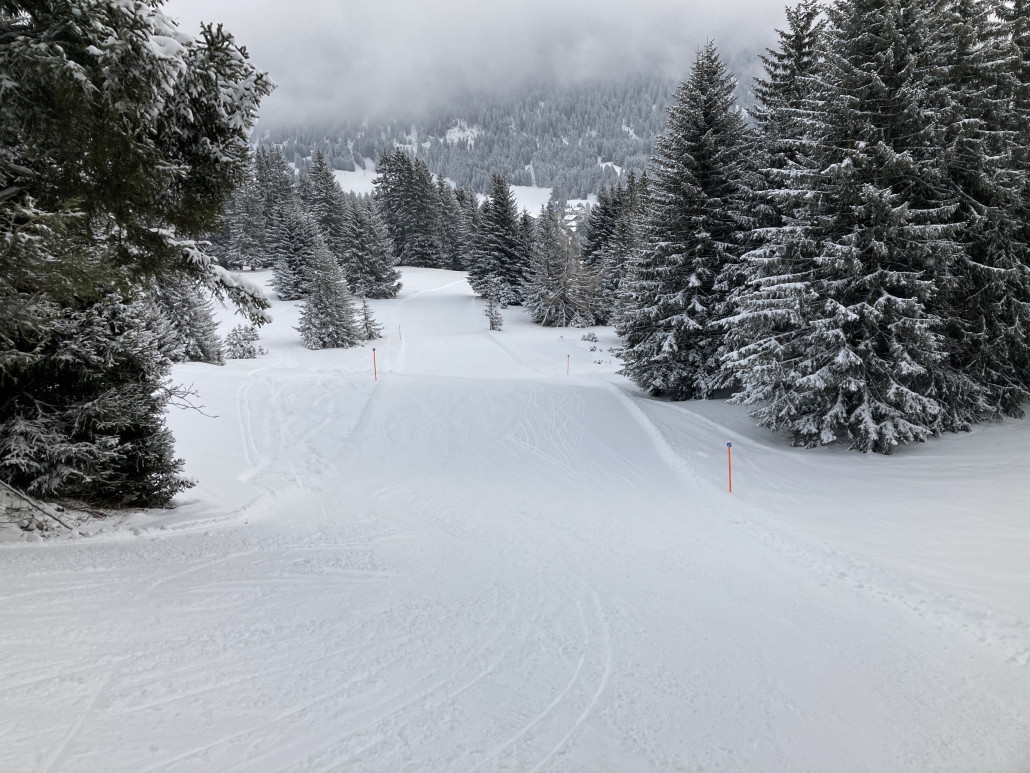 Nach einer erneuten Bergfahrt zur Alp Nova fuhr ich direkt über Lavoz - Talstation Cumacheals nach Valbella. Das Bild entstand auf der 68b. Diesen Lift fuhren der Piste nach heute Morgen relativ viele Leute. Der "Steilhang", wo die Piste den Schlepper kreuzt, war gut zerfahren.