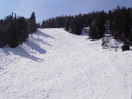 Ein Teil der Talabfahrt nach Grimentz von der 10EUB Grimentz-Bendolla aus fotografiert. Zu sehen ist der schwarze Steilhang (1), der aber auch über eine rote Piste zu umfahren ist.