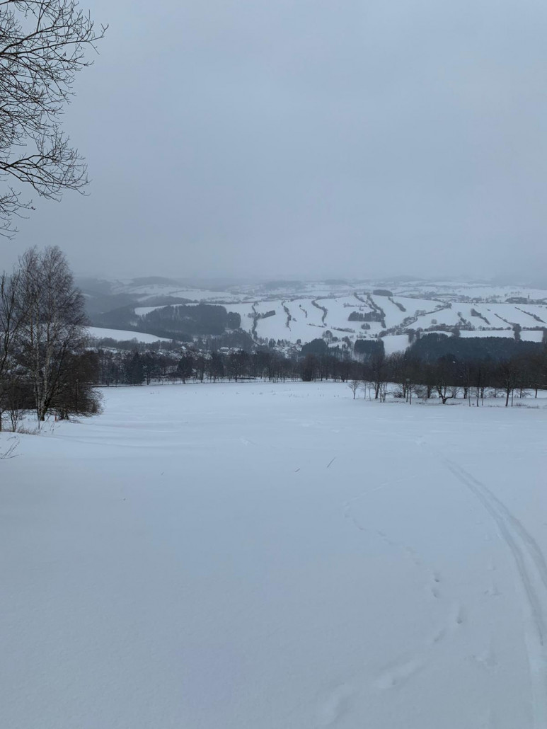 Blick nach unten vom oberen drittel des Skihangs