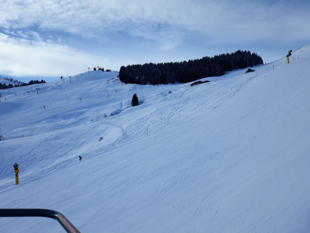 Blick über Almbahnpiste zur Köglbahn Ellmau