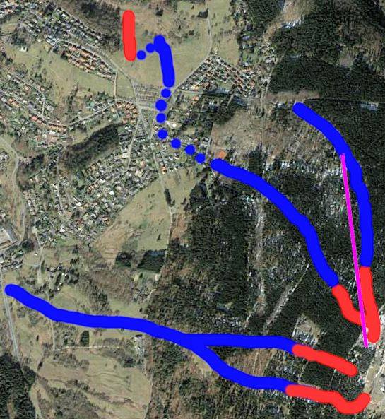 rot=mittelsteil, blau = flach, pink = ehemaliger Skilift; von rechts nach links: Nordbahn, Bobbahn und mein Weg durch Reifenberg zum Schmittgrund, Skisprungschanzenhang, Siegfriedschuss und heimliche Wiese; das ist derzeit alles bis unten befahrbar