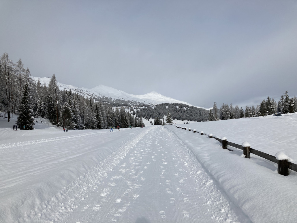 Blick Richtung Westseite des Skigebiets Lenzerheide. Die Sesselbahnen Lavoz (links) und Cumacheals sind zu erahnen.