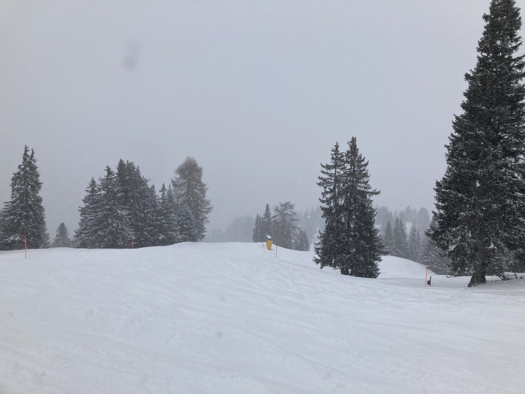 Pedra Grossa. Viel Schnee in der Piste und folglich zerfahren. Im unteren Bereich war der Schnee eigenartig: Eine Mischung aus Neuschnee, altem (Sulz)Schnee auf harter Unterlage.