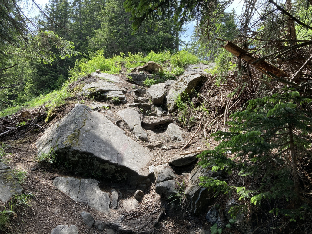 Für mich nicht fahrbare Geländestufe. Die Felsstufe überwindet drei, vier Meter.