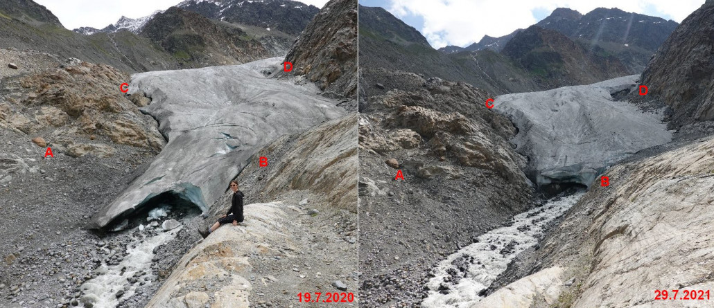 Vergleich  Gepatsch-Ferner im Kaunertal Juli 2020 und Juli 2021
