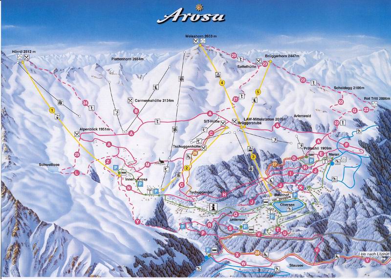 Pistenplan Arosa 2001 mit "Stumpen-Carmennalift", Skilift Plattenhorn und Sesselbahn Bänkli