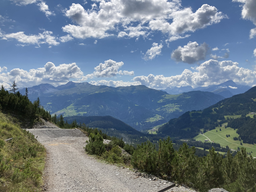 An dieser Stelle befinde ich mich bereits unterhalb der Alp Sanaspans auf der breiten Forststrasse, welche mancherorts sehr steil ist. Den Traileinstieg, um diesen fahrtechnisch nicht wirklich spannenden Weg zu umfahren, habe ich leider verpasst. Dafür ist die Aussicht nach Süden nett.