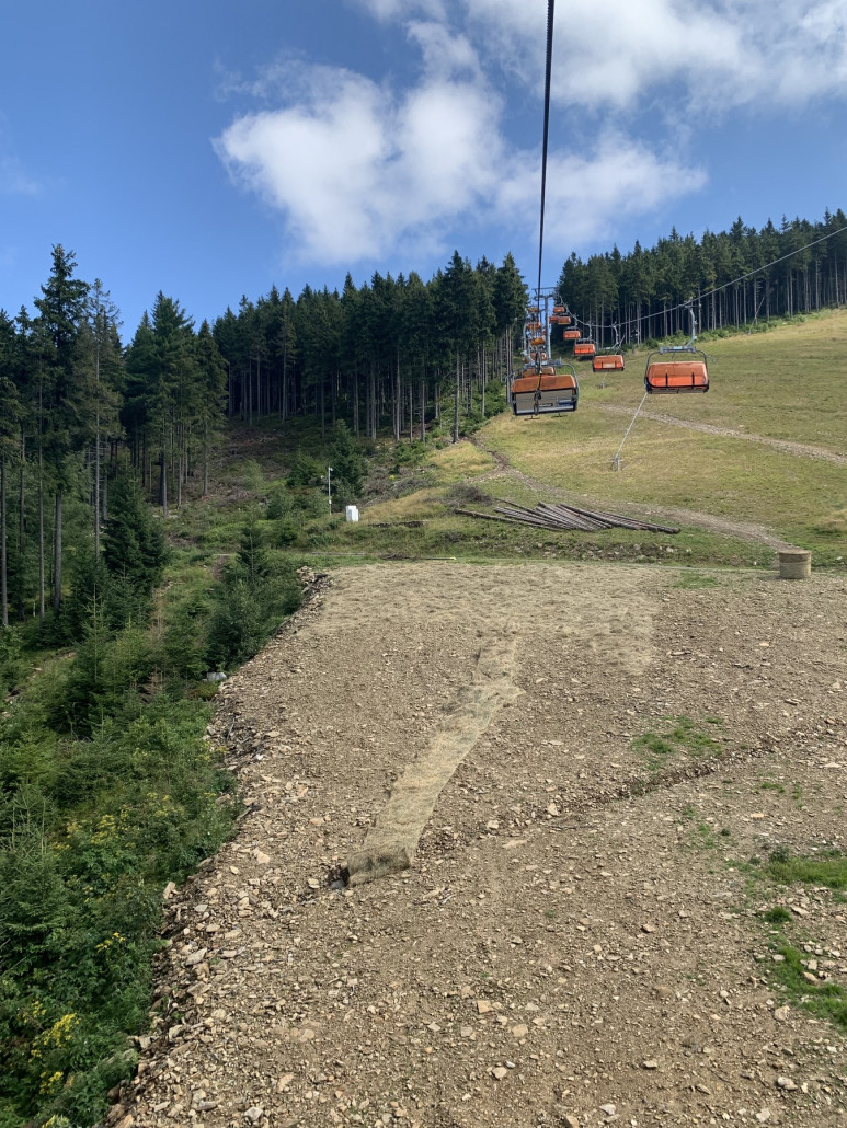 Auf der verbreiterten Hauptpiste wird flächig Heu aufgebracht. <br />Links oben die Ausholzung der oberen Umfahrung.