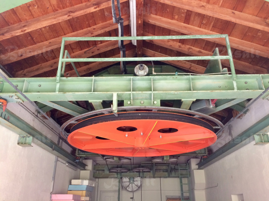 ^ Talstation mit Umlenkscheibe, Antrieb und Abspannvorrichtung