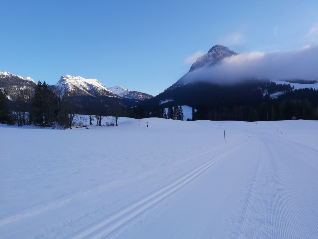 Hier kam ich rechts durch die Bäume auf die Loipe, die bei weichen Schnee benutzt wird.
